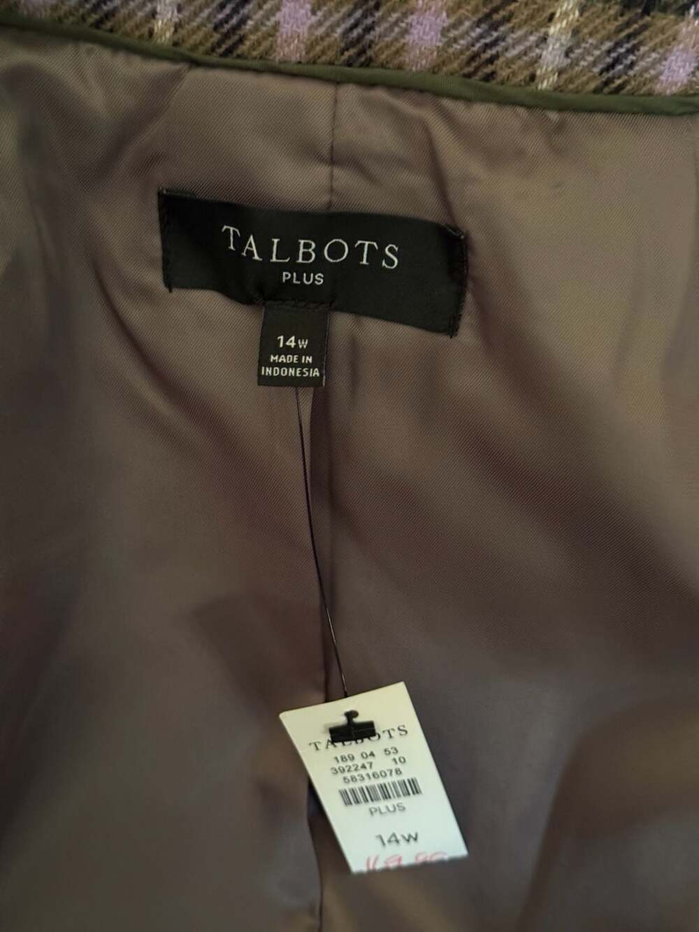 Talbots Plus Size 14W Purple and Brown Plaid Wool Blend Blazer - Picture 3 of 4